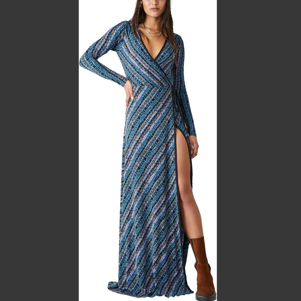 Free People Blue, Brown & Purple Long Sleeve Dress
